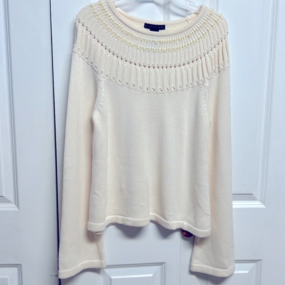Apostrophe Cream Beaded Cotton Boat Neck Wide Long Drop Sleeve Sweater Size L
